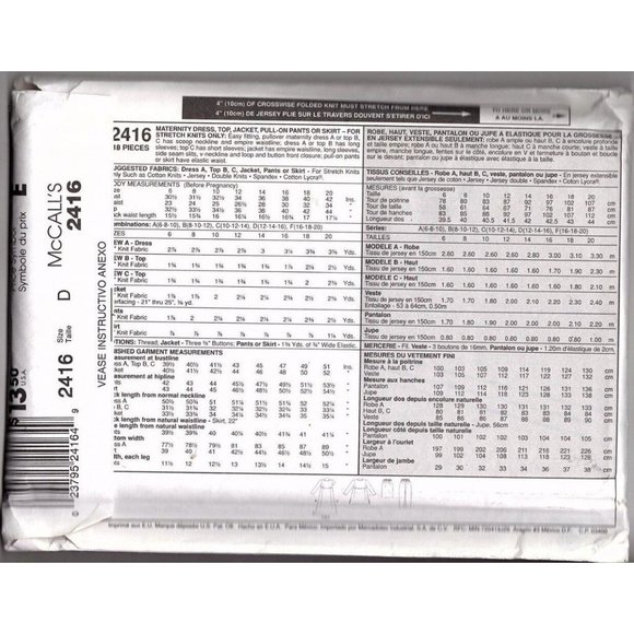 McCalls 2416 Misses 12 to 16 Maternity Dress, Top, Jacket, Pants Sewing Pattern - Picture 2 of 2